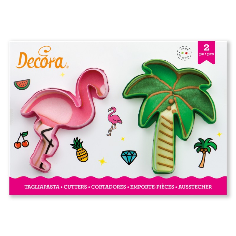 SET 2 TAGLIAPASTA FENICOTTERO E PALMA IN PLASTICA 10 X h 2,2 cm DECORA