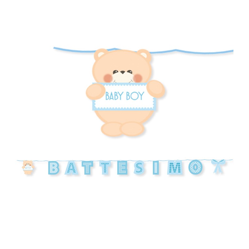 Festone Kit Scritta Maxi 600 x 25 cm Battesimo Teddy Celeste BIG PARTY