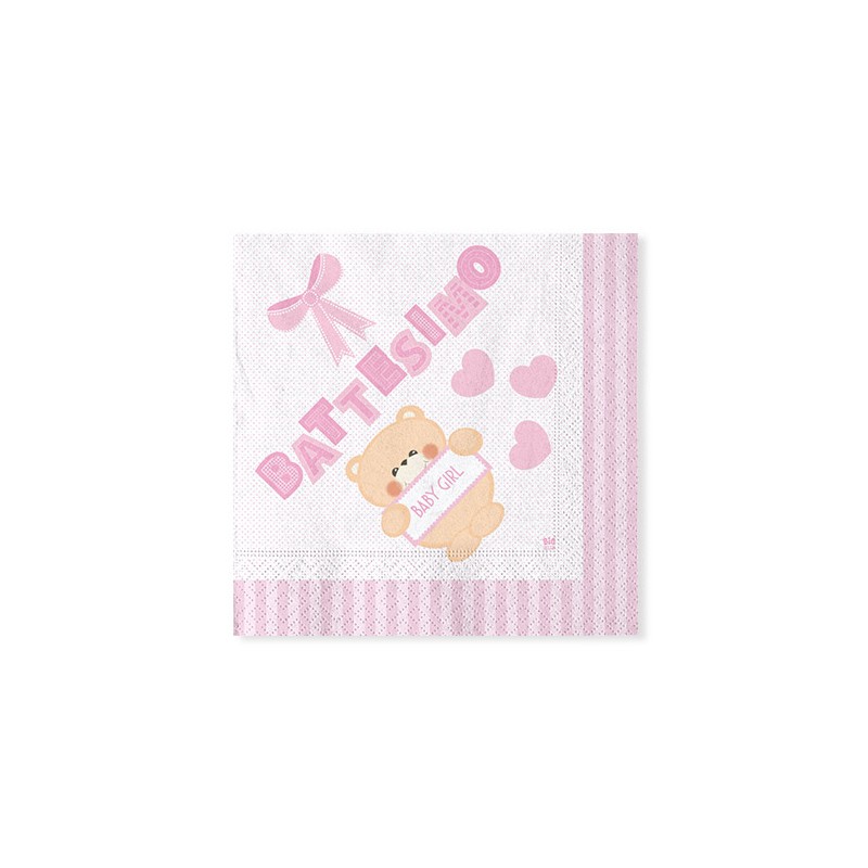 20 Tovaglioli 25 x 25 cm Battesimo Teddy Rosa - BIG PARTY