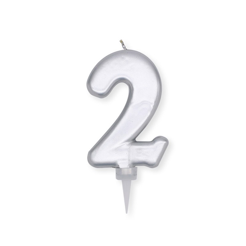 Candelina di cera Plump Numero 2 Argento Metal cm 10 BIG PARTY