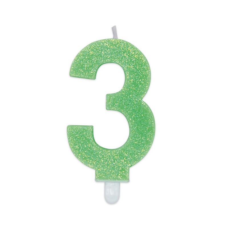 Candelina Sweety Verde Glitter 9 cm Numero 3 BIG PARTY