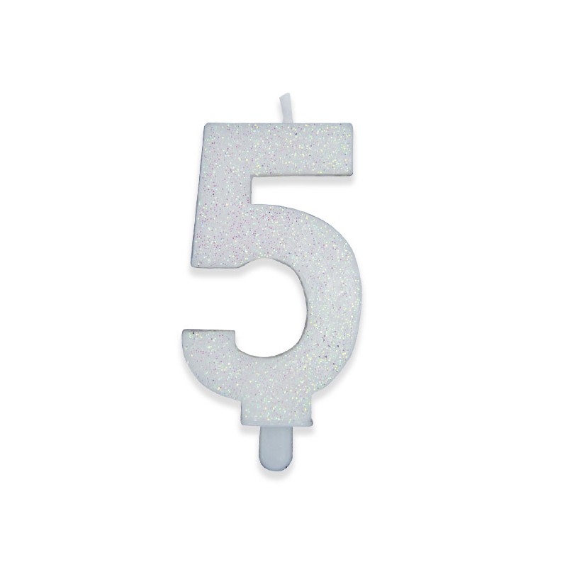 Candelina Sweety Bianco Glitter 9 cm Numero 5 BIG PARTY