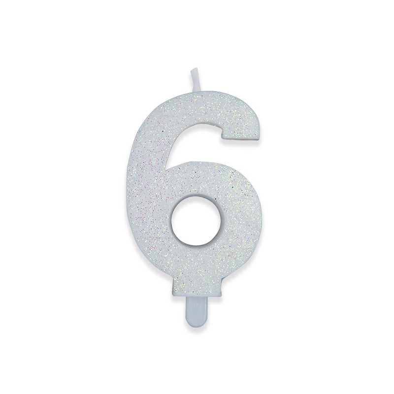 Candelina Sweety Bianco Glitter 9 cm Numero 6 BIG PARTY