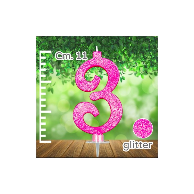 CANDELINA NUMERO 3 FUCSIA GLITTER CANDELA CM 11 - SUPPORTO CM 2,5