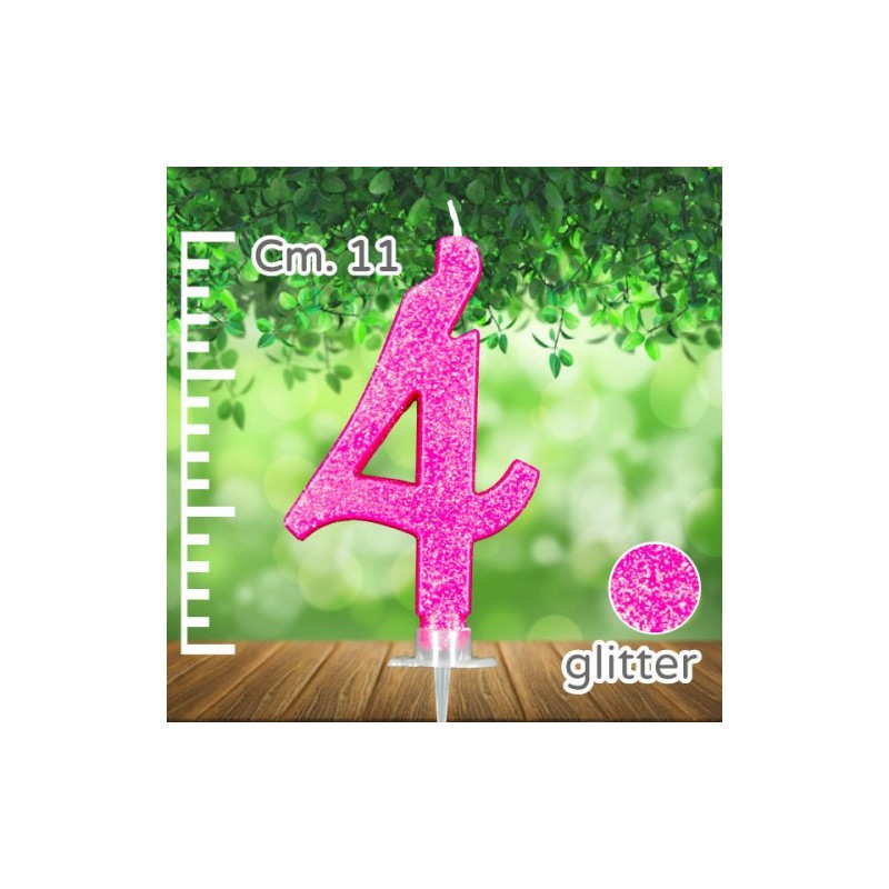 CANDELINA NUMERO 4 FUCSIA GLITTER CANDELA CM 11 - SUPPORTO CM 2,5