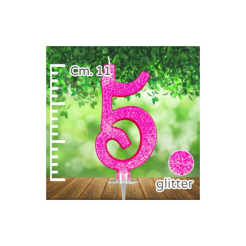 CANDELINA NUMERO 5 FUCSIA GLITTER CANDELA CM 11 - SUPPORTO CM 2,5