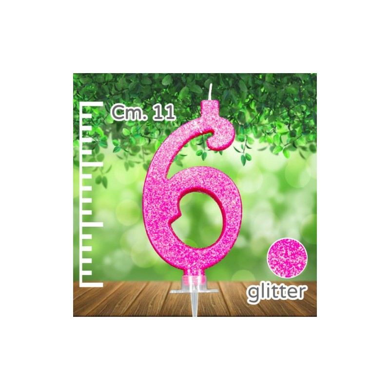 CANDELINA NUMERO 6 FUCSIA GLITTER CANDELA CM 11 - SUPPORTO CM 2,5