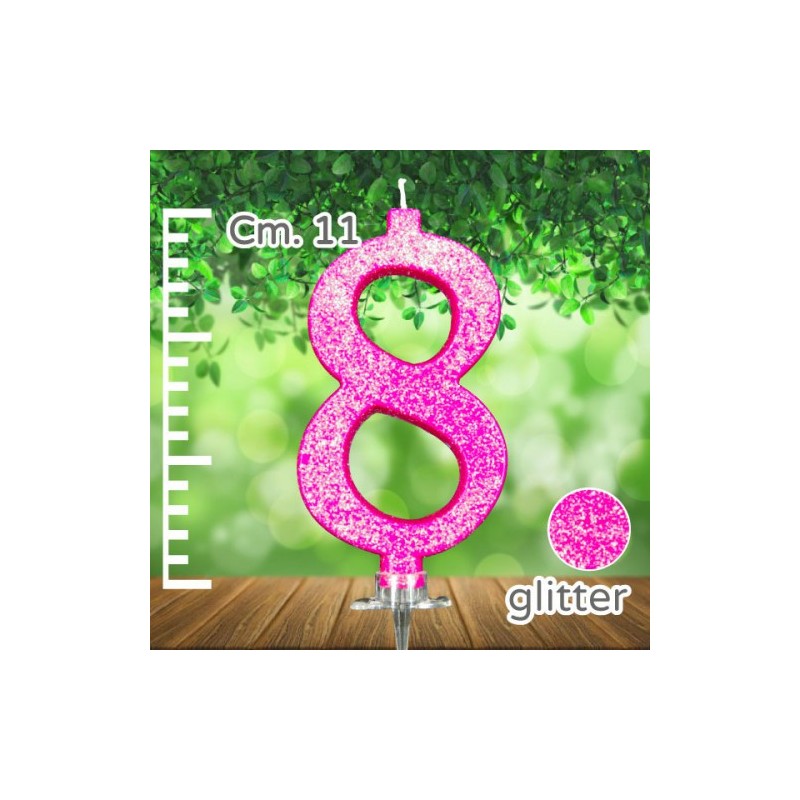 TON771183  CANDELINA NUMERO 8 FUCSIA GLITTER CANDELA CM 11 - SUPPORTO CM 2,5