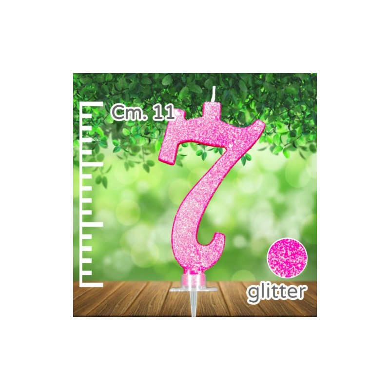 CANDELINA NUMERO 7 FUCSIA GLITTER CANDELA CM 11 - SUPPORTO CM 2,5