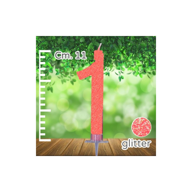 CANDELINA NUMERO 1 ROSSA GLITTER CM 11 - SUPPORTO CM 2,5
