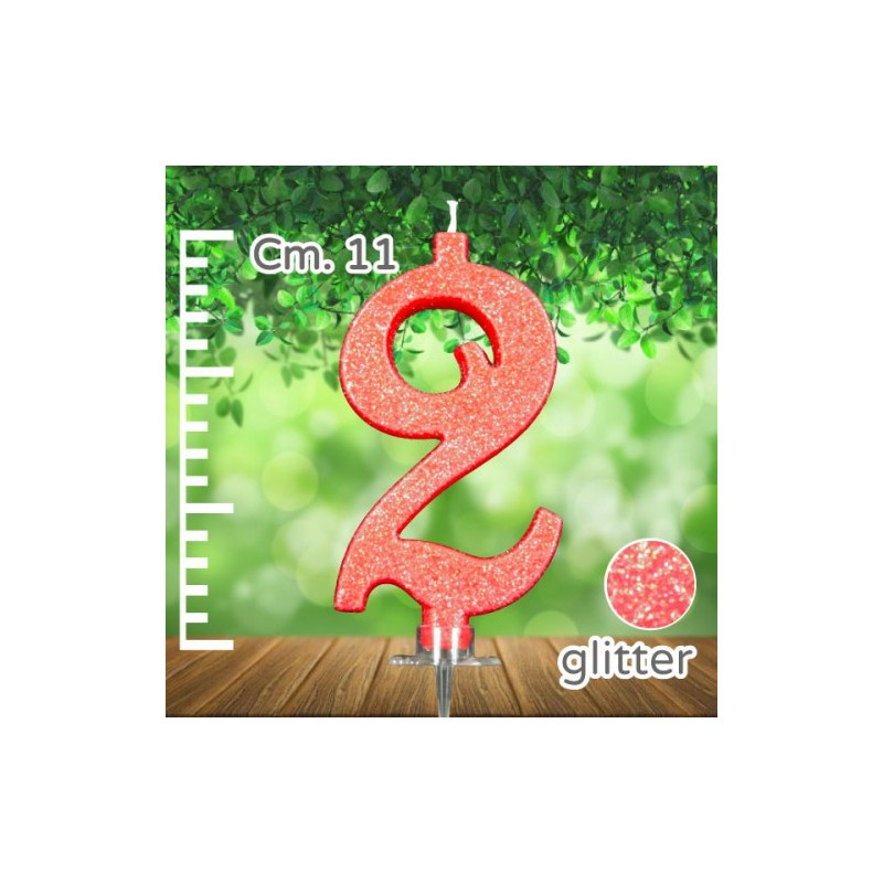 CANDELINA NUMERO 2 ROSSA GLITTER CM 11 - SUPPORTO CM 2,5
