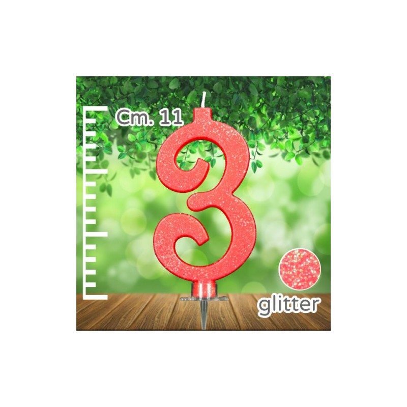 CANDELINA NUMERO 3 ROSSA GLITTER CM 11 - SUPPORTO CM 2,5
