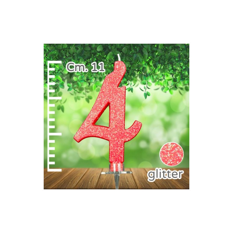 CANDELINA NUMERO 4 ROSSA GLITTER CM 11 - SUPPORTO CM 2,5