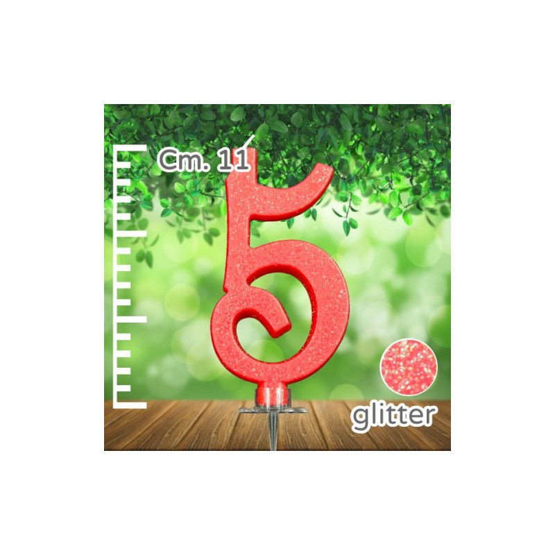 CANDELINA NUMERO 5 ROSSA GLITTER CM 11 - SUPPORTO CM 2,5