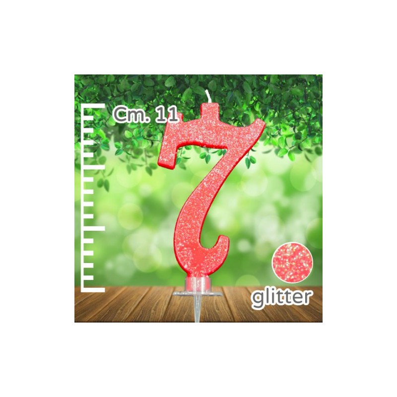 CANDELINA NUMERO 7 ROSSA GLITTER CM 11 - SUPPORTO CM 2,5