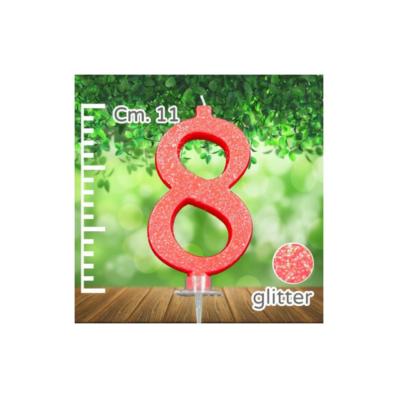 CANDELINA NUMERO 8 ROSSA GLITTER CM 11 - SUPPORTO CM 2,5