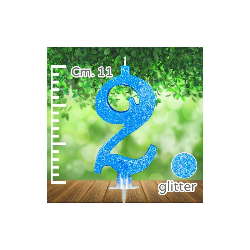CANDELINA NUMERO 2 AZZURRA GLITTER CM 11 - SUPPORTO CM 2,5