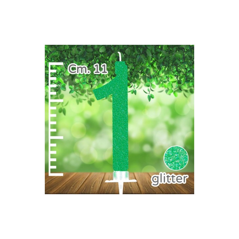 CANDELINA NUMERO 1 VERDE GLITTER CM 11 - SUPPORTO CM 2,5