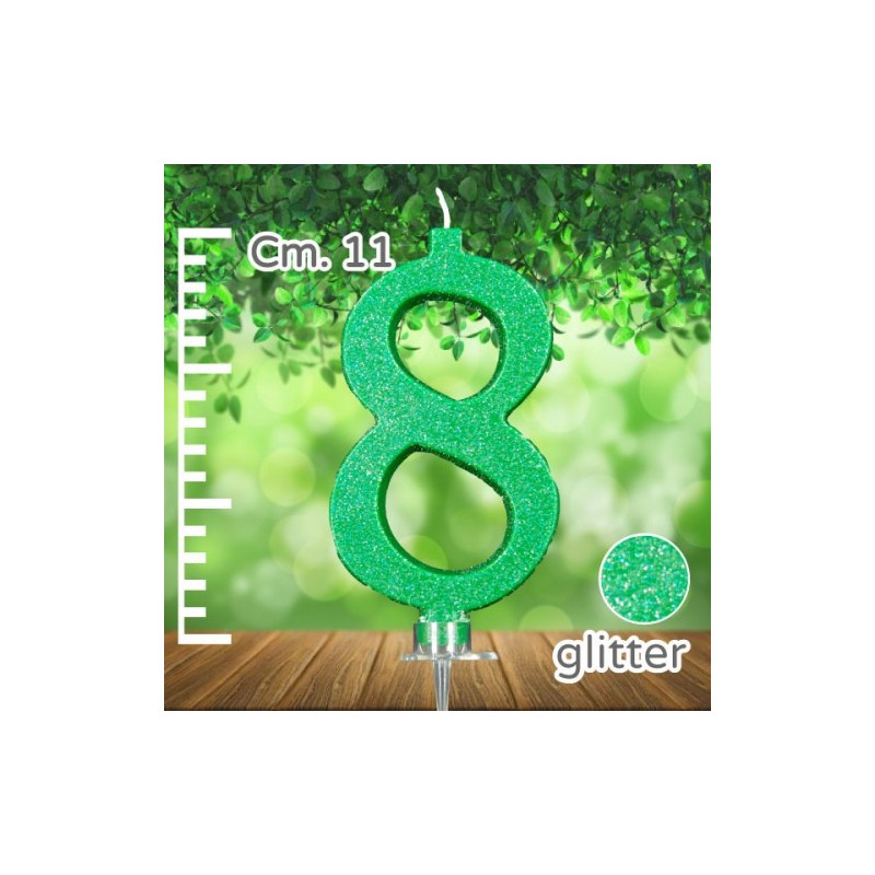 CANDELINA NUMERO 1 VERDE GLITTER CM 11 - SUPPORTO CM 2,5